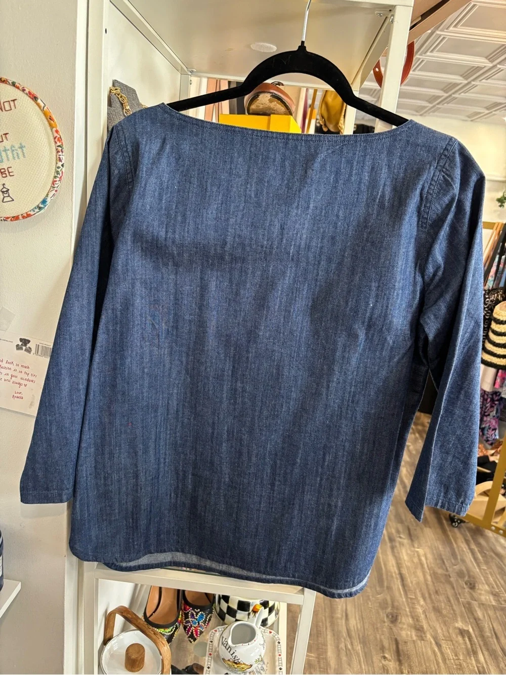 J. Crew Denim-Effect Embellished Boatneck Top in Blue chambray